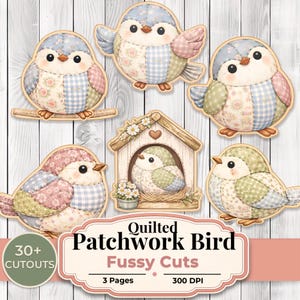Puede incluir: Una colección de recortes de pájaros patchwork caprichosos en varias poses. Los pájaros presentan una mezcla de patrones florales, de cuadros y de tela lisa en colores pastel. La imagen incluye el texto "Quilted Patchwork Bird Fussy Cuts".