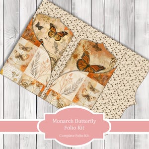 May include: A complete folio kit featuring a monarch butterfly design. The kit includes a variety of papers and embellishments in shades of orange, brown, and cream. The kit is perfect for scrapbooking, card making, and other paper crafts.