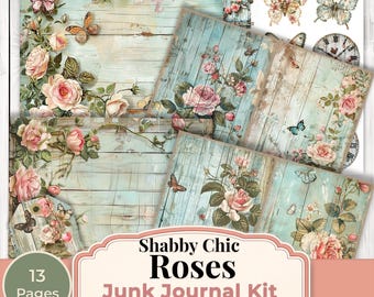 Shabby Chic Junk Journal Kit, Rose Ephemera Kit, Vintage Floral Journal Pages, Printable Papers Tags and Fussy Cuts, Mini Kit