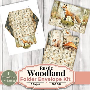 May include: A rustic woodland folder envelope kit with a forest theme. The kit includes an envelope, tags, and extras. The design features illustrations of a fox, squirrel, owl, and mushroom. The text on the kit reads "Rustic Woodland Folder Envelope Kit".