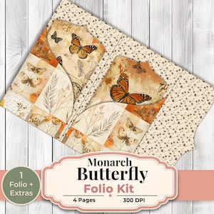 May include: A Monarch Butterfly Folio Kit with a vintage aesthetic. The kit features a collage of butterflies, botanical illustrations, and aged paper textures in shades of orange, beige, and brown. The kit includes 4 pages and extras.