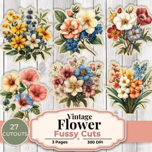 May include: A collection of six vintage floral fussy cutouts featuring various flower arrangements in shades of yellow, white, pink, blue, and orange. The image includes text that reads "Vintage Flower Fussy Cuts" and "27 Cutouts".