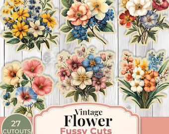 Vintage Flower Fussy Cuts, Floral Ephemera, Botanical Cutouts, Junk Journal Supplies, Printable Scrapbook Embellishments
