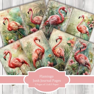 Flamingo - Junk Journal Pages, Journal Paper Set, Bird Junk Journal Paper, Printable Journal, Scrapbook Paper, Digital Paper