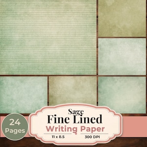 May include: Sage fine lined writing paper with 24 pages, 27.9 x 21.6 cm, and 300 DPI. The paper has a vintage aesthetic with a sage green colour and horizontal lines. The image is a collage of different paper samples.