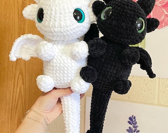 Crochet Night Fury Dragon Plush, Handmade Light Fury Plushie, Fantasy Stuffed Animal Gift