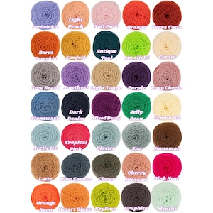 May include: A color chart of yarn skeins in a variety of colors, including periwinkle, peach, soft pink, orange, terra cotta, burnt pumpkin, sungold, antique teal, limelight, cream, grey beard, amethyst, light taupe, purple, rosy cheeks, stonewash, dark denim, mixed berry, jelly bean, lemon ice, arctic ice, tropical pink, glacier, spa, cinnamon, latte, blue spruce, clover, cherry blossom, pink neon, orange neon, desert glaze, keylime, graphite, and menthe.