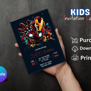 Biglietto d'invito per il compleanno dei bambini di Avengers - Download digitale, modello modificabile, accesso immediato, invito per festa a tema supereroi