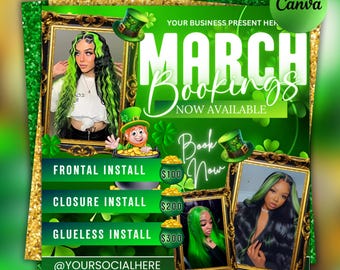 March Booking Flyer, St.Patricks Day Flyer, March Flyer, March Books, March Madness Flyer, Beauty, Lashes, Make up, Nails, Canva Editable