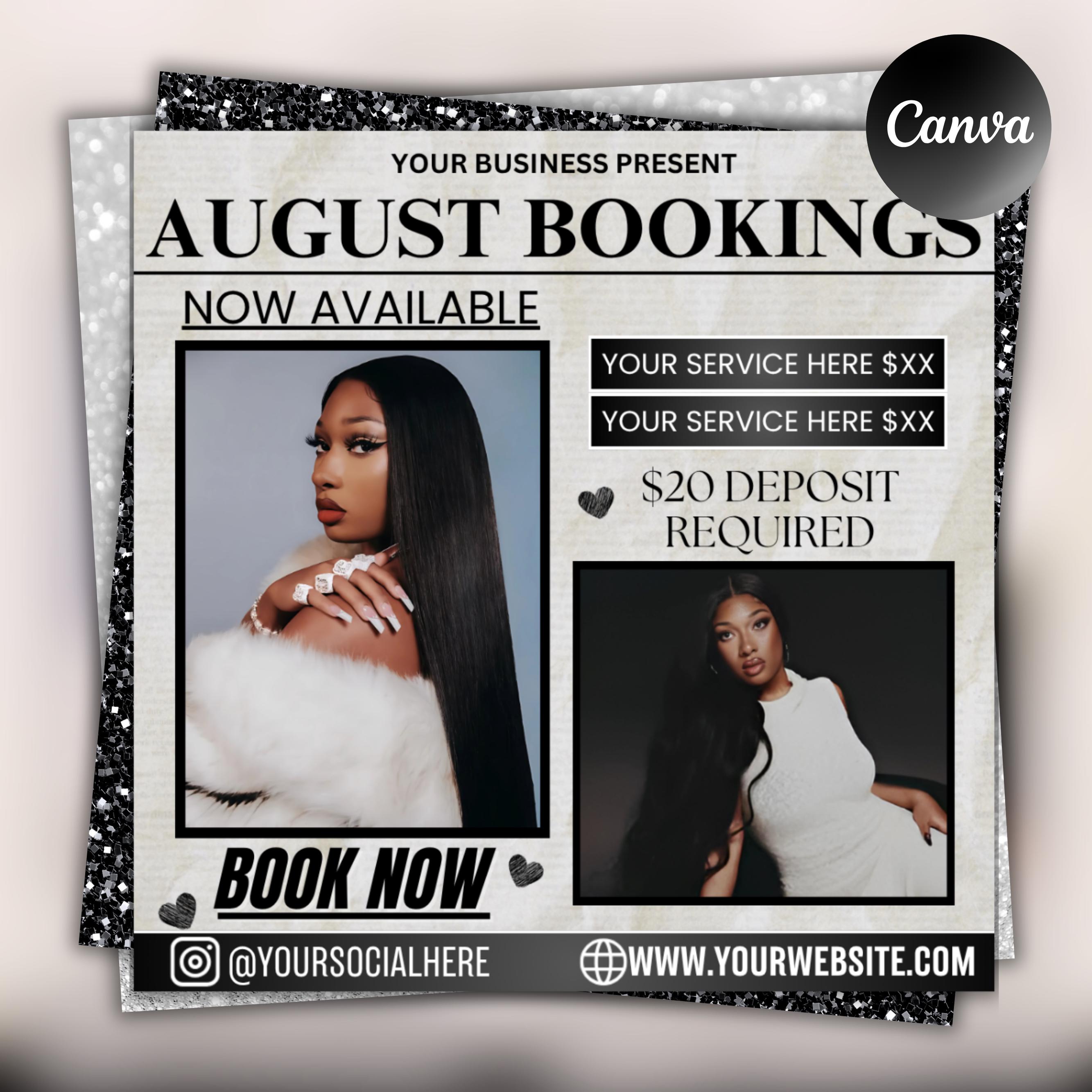 August Booking flyer, August Appointment Flyer, Back To School Flyer, Back to school sale flyer, Hair Braids Lash Wig Flyer, Canva Editable