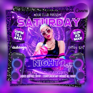 Saturday Night Party Flyer, Club Party Flyer, Club Flyer, Night Club Event Invite Flyer, Club DJ Flyer, Happy Hour Flyer, Canva Editable