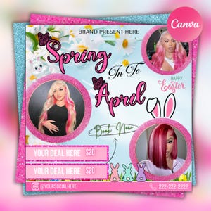 April Booking Flyer, Spring Booking Flyer, Easter Flyer, April Hair, Spring Books Open, April Book Now, April Lashes Nails Braid Wig Flyer