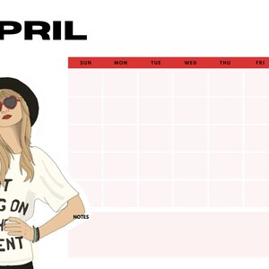 May include: A printable calendar for April 2024 with a red and white colour scheme. The calendar features a drawing of a woman wearing a white t-shirt with the text "Not a lot going on the moment" and a black hat. The calendar also includes sections for monthly focus and monthly goals.