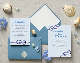 Tying the Knot Editable Wedding Printable Invitation Suite Canva Template Nautical Wedding Invitation Download + Bonus Digital Evite Anchor