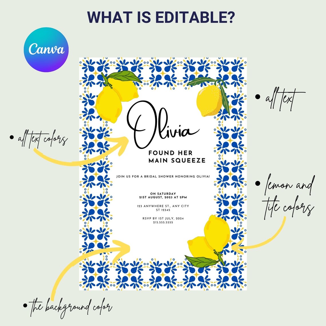 Printable Bridal Shower Invitation Template Canva Lemon Etsy