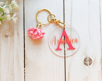 Acrylic Round Clear Keychain with Pink Floral Tassel, Monogram and Name | Bridesmaid Gifts | Bridesmaids Proposal Gifts