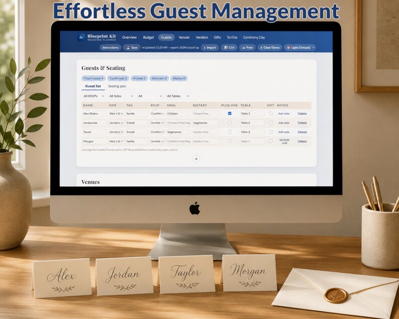 May include: A computer screen displays a guest list and seating chart. The text "Effortless Guest Management" is at the top. Four place cards with names and a sealed envelope are on a wooden surface. A vase with greenery and a pencil holder are also present.