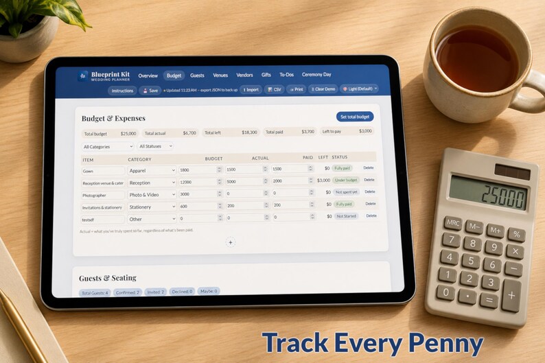 May include: A digital tablet displaying a wedding budget planner, a calculator showing $25,000, and a cup of tea on a wooden surface. The tablet's screen shows budget categories and expenses. Text at the bottom reads "Track Every Penny."