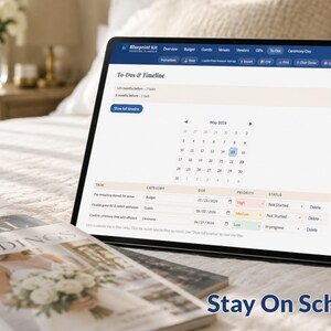 May include: A digital tablet displaying a wedding planning timeline and calendar, with the text "Stay On Schedule." A bridal magazine is in the foreground. The tablet is propped up on a bed with a floral arrangement in the background.