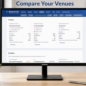 May include: A computer monitor displays a wedding planning software interface. The screen shows a comparison of venues, including Saint Johns Church, La Fontaine Bleu, and Jamaica Inn, with details on capacity and costs. The text "Compare Your Venues" is at the top.