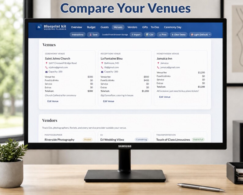 May include: A computer monitor displays a wedding planning software interface. The screen shows a comparison of venues, including Saint Johns Church, La Fontaine Bleu, and Jamaica Inn, with details on capacity and costs. The text "Compare Your Venues" is at the top.