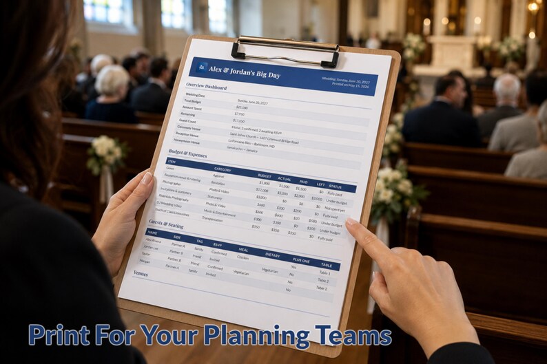 May include: A clipboard with a wedding planning document titled "Alex & Jordan's Big Day." The document includes an overview dashboard, budget, and seating chart. The text "Print For Your Planning Teams" is at the bottom.