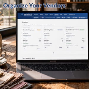 May include: A laptop displaying a wedding planner interface with vendor details. The screen shows vendor information, including photographers, DJs, and transportation services. The text "Organize Your Vendors" is at the top. A cup of coffee and flowers are on the table.