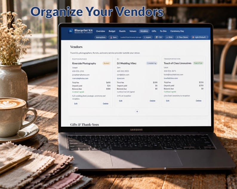 May include: A laptop displaying a wedding planner interface with vendor details. The screen shows vendor information, including photographers, DJs, and transportation services. The text "Organize Your Vendors" is at the top. A cup of coffee and flowers are on the table.
