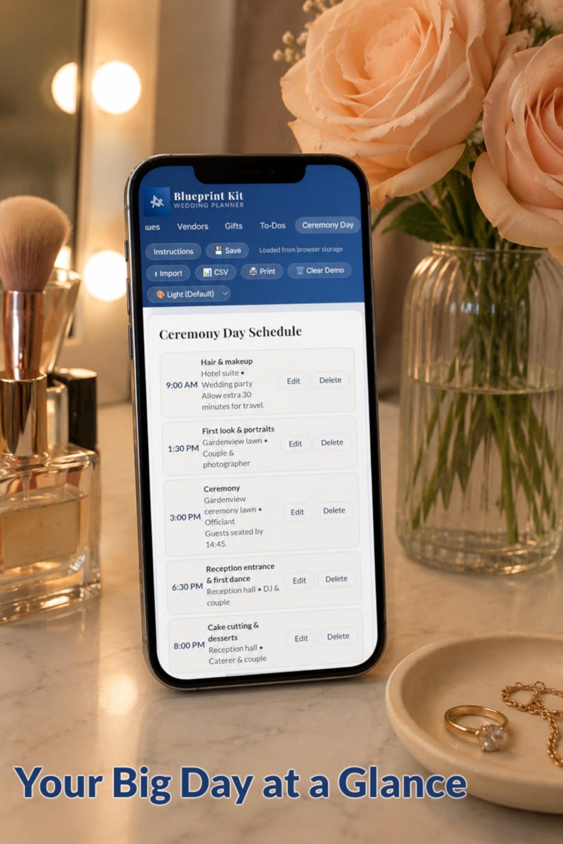 May include: A smartphone displays a wedding day schedule from the "Blueprint Kit" app. The screen shows a detailed timeline for the ceremony, including hair and makeup, first look, ceremony, and reception details. The phone is on a marble surface with flowers.