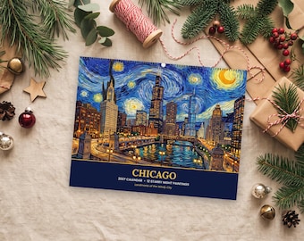 May include: A 2027 wall calendar featuring a stylized painting of the Chicago skyline at night in a swirling, starry sky art style. The dark blue bottom panel displays the text CHICAGO, 2027 CALENDAR, 12 STARRY NIGHT PAINTINGS, and Landmarks of the Windy City.