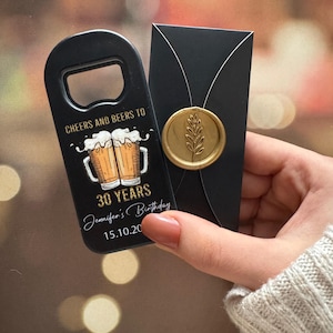 Personalized Magnet Bottle Opener, Custom Party Gifts, Birthday Favor, 30th, 35th, 40th, 50th, 60th Black Gold Themed, Anniversary Souvenir