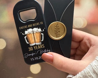 Personalized Magnet Bottle Opener, Custom Party Gifts, Birthday Favor, 30th, 35th, 40th, 50th, 60th Black Gold Themed, Anniversary Souvenir