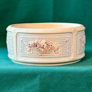 Weller Pottery Dupont Fernery Bowl ~ Basket of Roses Ribbon Swag ~ Vintage 1910-20s Planter (Ivory Glaze)
