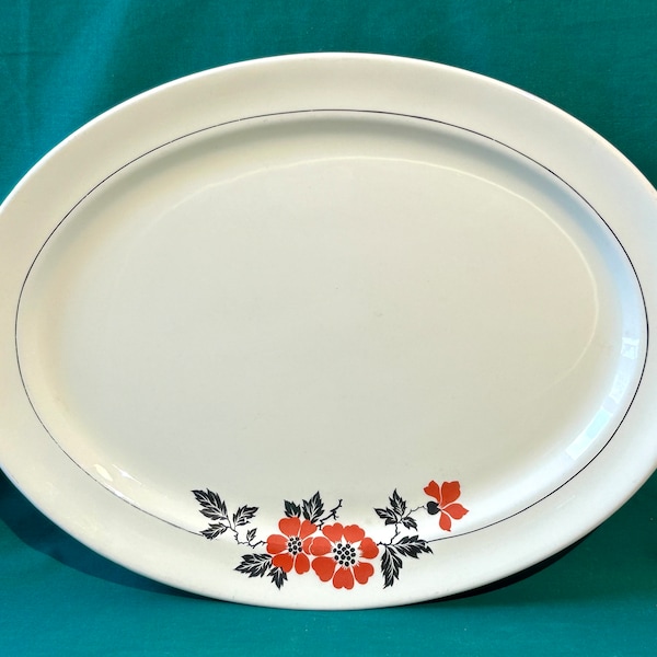 Vintage Hall Red Poppy Platter Large 13 1/2" Oval with Platinum Trim Jewel Tea Superior Quality China USA