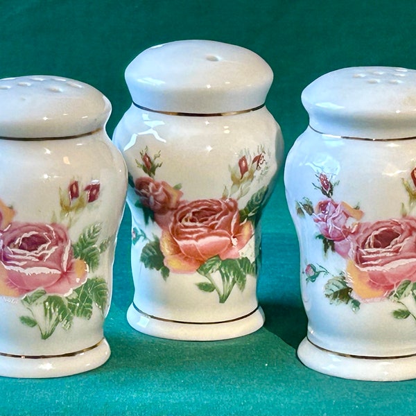 Gibson Victorian Rose Shakers Salt, Pepper & RARE Sugar Shaker, Pink Roses w Gold Trim 1990s Vtg Set of 3 Retired Pattern Replacement Pieces