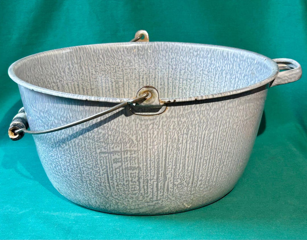 Gray Mottled Graniteware Pail Wash Basin Pot W Bail & Single Handle ...