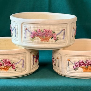 Weller Dupont Fernery Bowls ~ Basket Roses, Ribbon Swag ~ Set of 3 Vintage Planters ~ Minor-Flaws