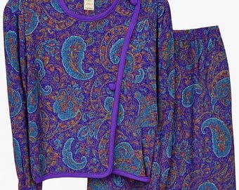 1970er Jahre Leslie Fay Set, Top & Faltenrock 12, 14 Lila Paisley Langarm