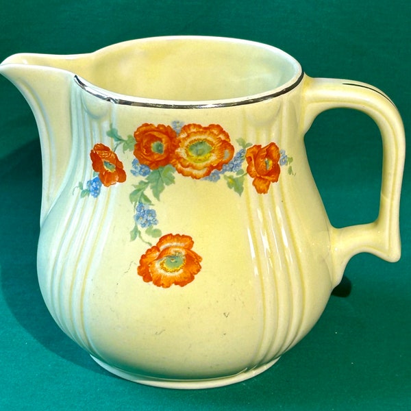 Hall China Orange Poppy Pitcher Juice or Milk Size Superior Quality Made in USA. 1930s - 1950s Vintage. Has a Crack, Still Displays Nicely.