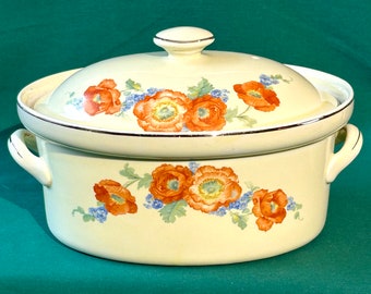 Hall China Orange Poppy Casserole Oval mit Deckel und Griffen „Superior Quality“ 1930er – 1950er Jahre Vintage