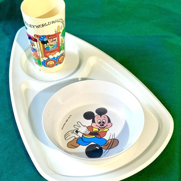 Vintage Disney Mickey Mouse Cup Bowl and Tray 3 Pc Set Child's Melamine Plastic Walt Disney World & Productions Donald Duck 1950s 60s 70s.