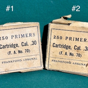 May include: Two vintage boxes of 250 .30 caliber primers, labeled "Frankford Arsenal".