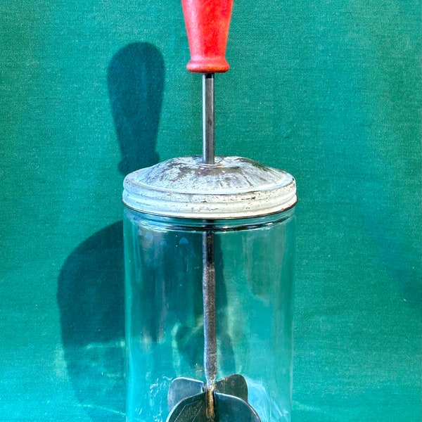 Vtg Food Chopper Anchor Hocking Glass Jar Painted Red Wood Handle and White Metal Screw On Lid 1940s Grinder Beater Blades from Chicago USA.