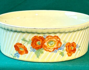 Hall China Orange Poppy Souffle French Baker Casserole 7 3/4" Radiance Hochwertiges Küchengeschirr, hergestellt in den USA, 1930er - 1950er Jahre Vintage.