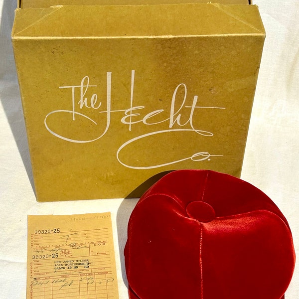 Red Velvet Jockey Hat Noreen Fashion Velour Small Brim, Button Top w Tiny Grosgrain Ribbon in Back w Original Box & Reciept from The Hecht