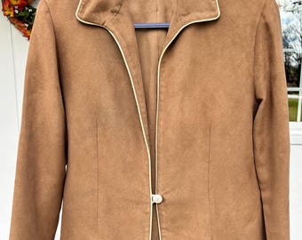 Vintage Damen Leder Wildlederjacke Western Braun mit Creme Paspelieren, Knopfverschluss, Gefüttert 1980er Jahre