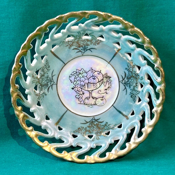 Vtg Pearl Lustre Plate Saucer Aqua Opalescent Lustreware Fan Crest Hand Painted in Japan with Open Lace & Heavy Gold Trim. So Pretty! Exc!