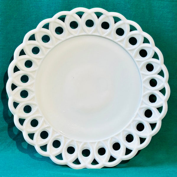 EAPG Milk Glass Plate Scroll and Eye Challinor & Taylor 7 3/4" Open Lace Edge Salad or lunch Plate Antique 1886 - 1925 RARE!