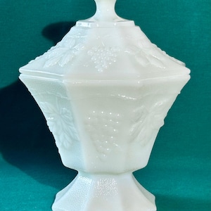 Milk Glass Compote with Lid Anchor Hocking Grapes & Leaves Octagon Candy Dish 8&quot; Tall, Stippled or Textured Vintage