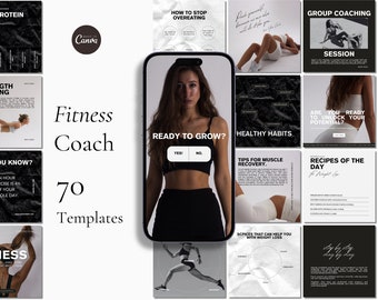 May include: A collage of 10 black and white images with text overlays. The images feature a woman working out, a phone screen with the text "Ready to Grow?" and a button that says "Yes!" and another button that says "No.", and text that says "How to Stop Overeating", "Group Coaching Session", "Are you ready to unlock your potential?", "Tips for Muscle Recovery", "Recipes of the Day", "Spices that can help you with weight loss", and "Stay by stay day by day".